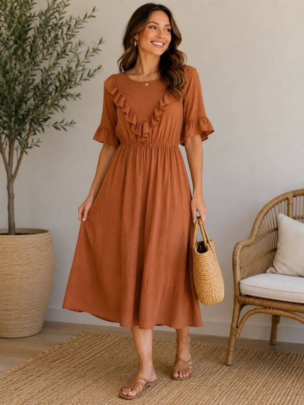 Sweet Salt Womens Rust Midi Dress With Ruffle Detail Size 6 Rayon-Linen Blend